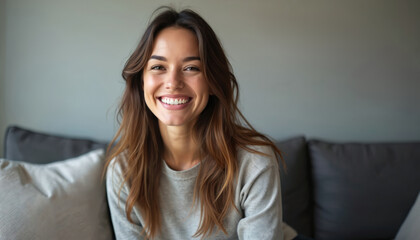Beautiful happy 30 years old woman relaxes on home sofa. Smiling lady looks at camera in living room. Brunette enjoys cozy casual rest at home. Positive emotions.