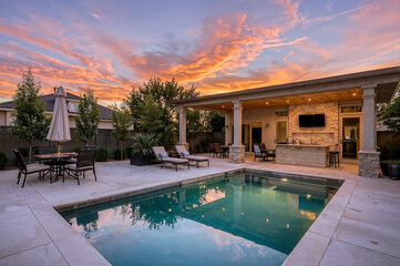 Elegant sunset over modern outdoor kitchen and pool