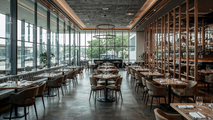 Sophisticated dining experience in a glass-walled restaurant