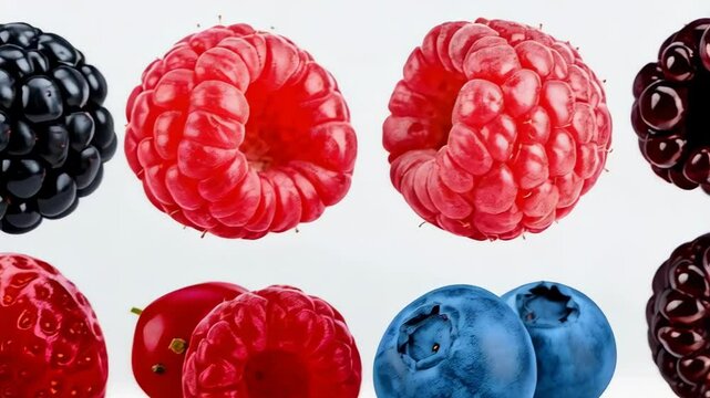 Close-up of fresh assorted berries on a white background including blackberries, raspberries, strawberries, currants, blueberries