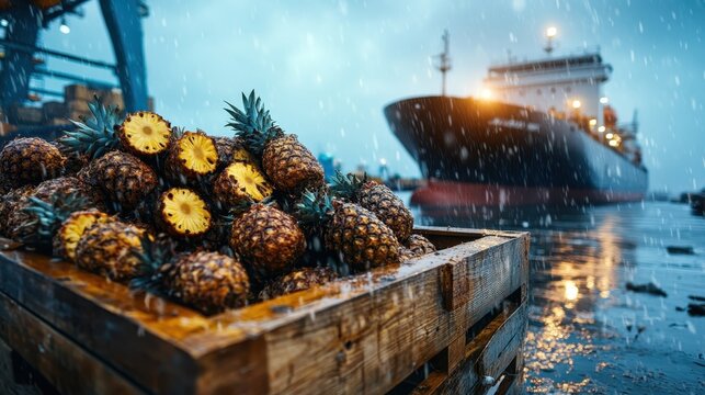A moody depiction of fresh pineapples stacked in a wooden crate at a dock, with a cargo ship blurred in the background under rainy dusk conditions, creating a compelling atmosphere.