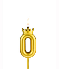 Golden number 0 birthday candle on white background