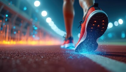Athlete running on track with holographic digital wave data visualization. Running shoes close-up at night. Tech innovation in sport, futuristic, neon lights.
