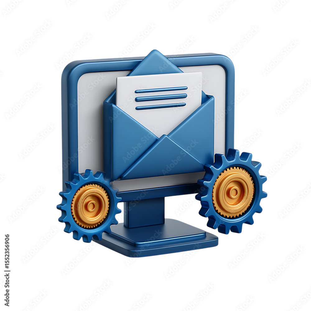Poster 3d blue computer monitor with open envelope and gears isolated on transparent background