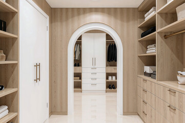 Elegant modern walk-in closet with arched design