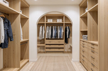 Elegant arched walk-in closet with light wood accents
