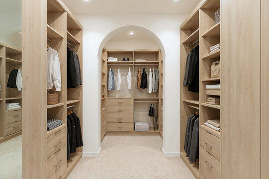 Elegant modern walk-in closet with arched design