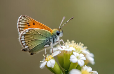 Obraz premium Tiny Juniper Hairstreak butterfly feeding on a small white wildflower, early spring. Delicate insect, wings detail, collecting nectar, pollinating. Brown, green, orange colours on wings. Nature photo.