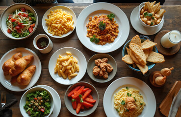 Brunch table top view with delicious food assortment. Plates filled with pasta, salads, fried snacks, croissants, bread. Setting for meal. Catering for holiday event. Fresh, tasty food ready to eat.