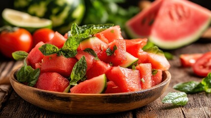 This vibrant bowl of watermelon salad is garnished with fresh mint leaves, showcasing a refreshing summer dish perfect for picnics or gatherings with family and friends.