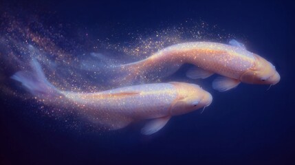 golden koi fish swimming with glowing dust trail on dark blue background