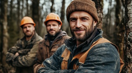 Three forest workers pose confidently in the woods, showcasing camaraderie and dedication, representing the hardworking spirit connected to nature and forestry industries.