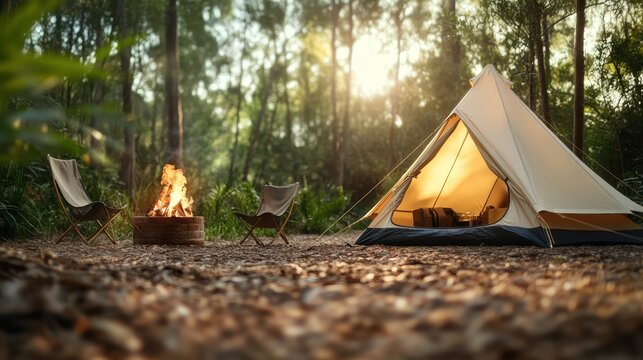 A tranquil camping scene featuring a cozy tent and a crackling fire, set amidst a serene forest, inviting outdoor enthusiasts to immerse themselves in nature's beauty.