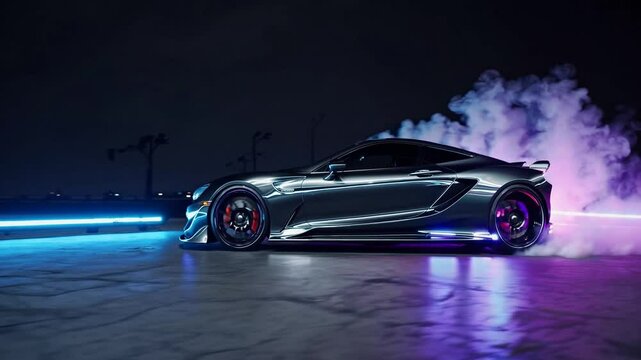 Chrome sports car drifting and burning tires at night