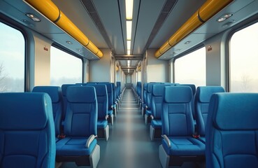 Fototapeta premium Empty passenger train interior. Blue seats, wide angle. Daylight, no people inside. Modern train carriage, window view, travel transport. Commuting, railroad, railway journey.