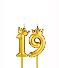 Golden candle with crown number 19 - White background