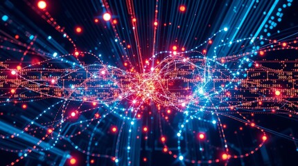 Fototapeta premium Data Stream Burst: An abstract visualization of a massive data stream, exploding outward in a vibrant burst of red and blue light trails and nodes.