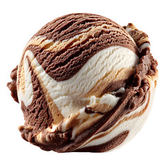 Delicious scoop of marbled chocolate vanilla ice cream on a transparent background.