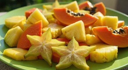 Fresh and Colorful Tropical Fruit Salad Featuring Papaya, Pineapple, and Starfruit on a Green Plate under Bright Sunlight