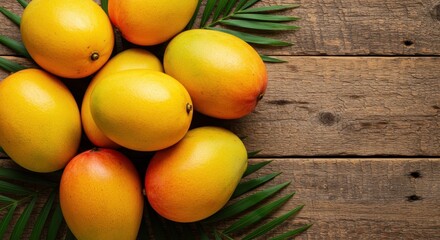 Fresh and Ripe Mangoes Arranged on Rustic Wooden Background with Tropical Green Leaves