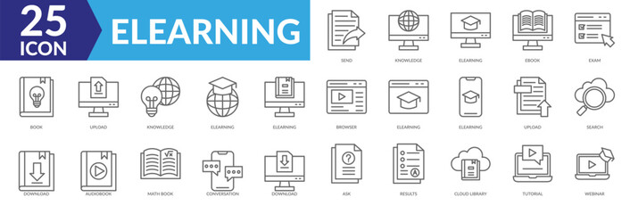 Waste management icon collection set. Containing Send, Knowledge, Elearning, Ebook ,Exam, Book, Upload, Knowledge, Elearning,Elearning
