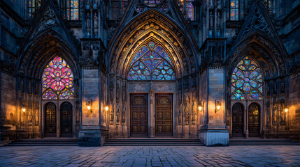 Obraz premium Colorful Gothic Cathedral Facade at Dusk