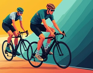 Fototapeta premium Colorful flat illustration of cycling sport event, bicycle race with cyclists. Man in helmet rides racing bicycle at high speed during competition. Athletes compete in cycling race with effort,