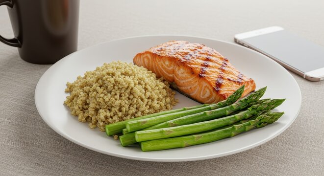 Grilled Salmon with Quinoa and Asparagus on a Plate with Coffee Mug and Smartphone in the Background