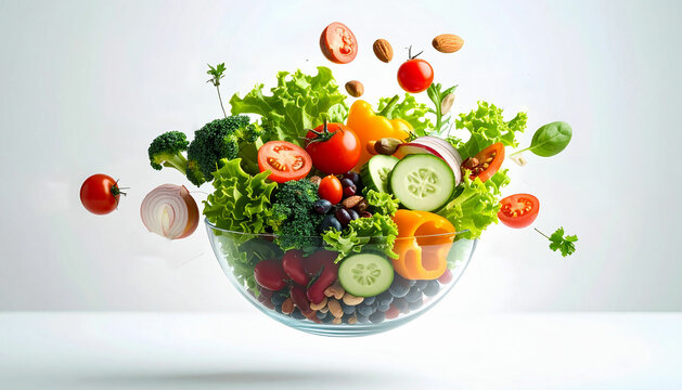 Alimentos saud&aacute;veis dentro de uma tigela levitando em fundo claro. Espa&ccedil;o para escrita. Nutri&ccedil;&atilde;o