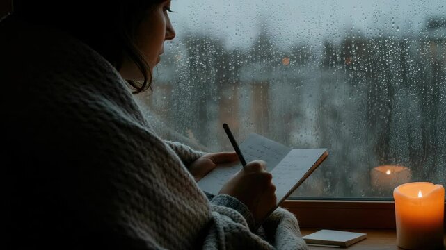 Woman writing in journal by candlelight on rainy day