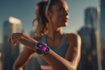 Woman checking her fitness smartwatch during a focused urban outdoor workout.