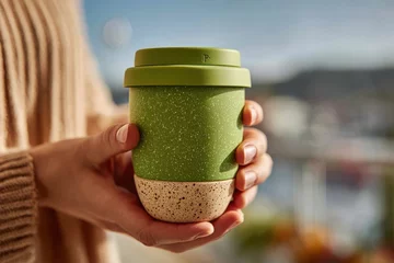 Gardinen Close-up of hands holding a modern green reusable coffee cup for sustainable lifestyle. © whitestorm