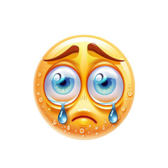 Fototapeta premium A sad yellow emoji with big blue eyes and tears, expressing deep sorrow and emotional vulnerability.