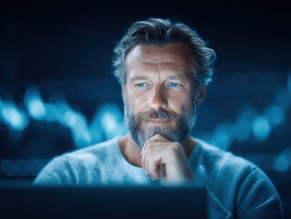 Thoughtful mature man with gray hair and beard working on a laptop in a dark modern setting with cool blue lighting and reflective background for technology and innovation themes