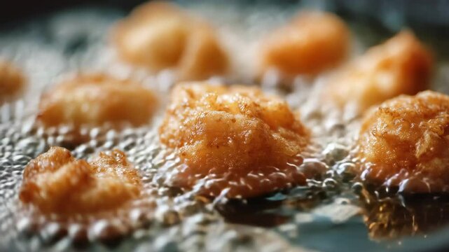 衣が揚がり始めた唐揚げの中間工程クローズアップ