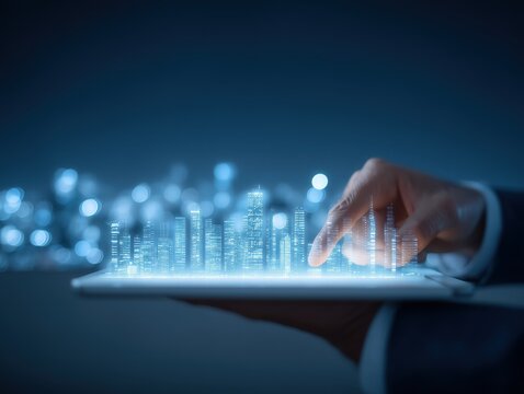 Modern digital technology concept with a person using a tablet and holographic cityscape displaying illuminated skyscrapers and futuristic data visualization at night