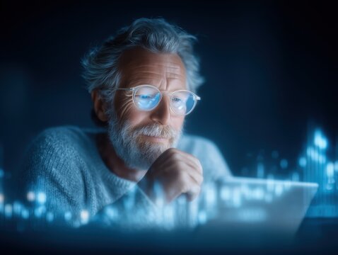 Elderly man with glasses working on digital tablet analyzing data charts and graphs in futuristic dimly lit environment with technology interface visuals