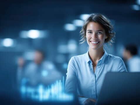 Joyful young businesswoman with short brown hair smiling and working on a laptop in a modern office environment with a blurred background and digital graph overlays