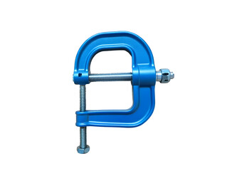 Blue C-clamp tool with threaded screw and nut isolated on whaite isolated on a transparent background