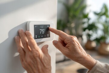 Elderly person adjusting a modern smart thermostat display in a home environment.