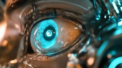 Close-up of a futuristic humanoid robot eye with glowing blue iris and metallic skin - Powered by Adobe