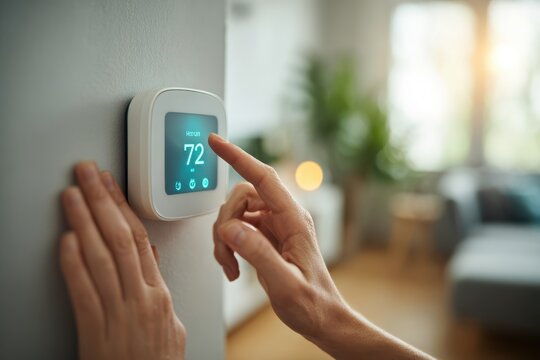 Close-up of a hand adjusting a smart digital thermostat in a modern home.