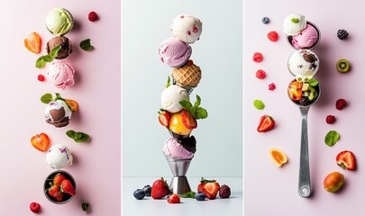 Fototapeta premium Set of images of ie cream scoops. Artistic food presentation. Berry and fruit cold dessert. Ice balls. Promotional, advertisement photo. Food as an art object, sculptures. Levitation.