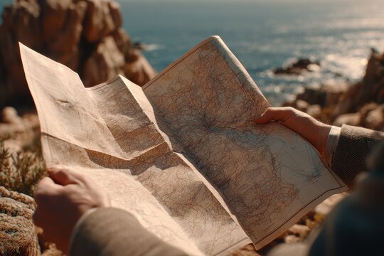 Person holding a vintage map, navigating a coastal path with the ocean in the background.