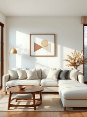 japandi minimalist living room with geometric wall art and natural wood decor in soft neutral tones
