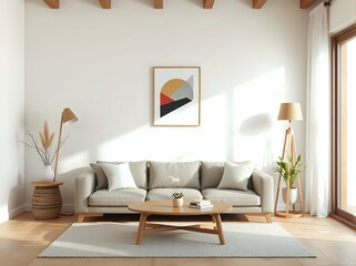 japandi minimalist living room with geometric wall art and natural wood decor in soft neutral tones