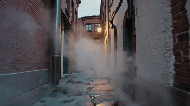 Steam rises from an alleyway after rain in a quiet city moment at twilight