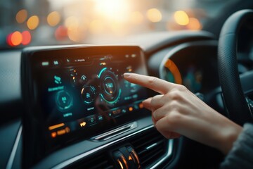 Obraz na płótnie Canvas Hand interacting with innovative car infotainment system showing digital data.