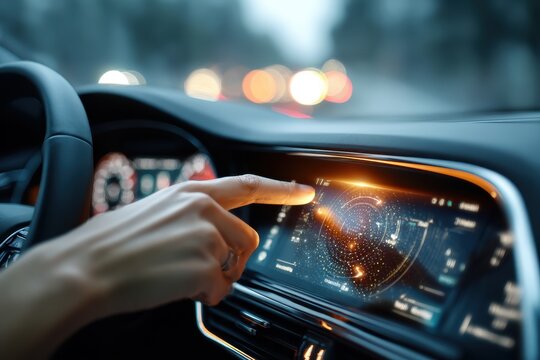 A close-up of a hand interacting with a futuristic car dashboard touchscreen.