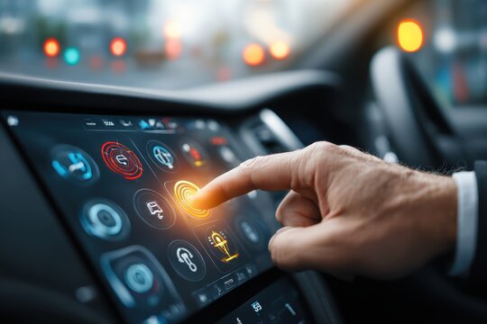 A hand interacts with a futuristic car infotainment system on a digital screen.